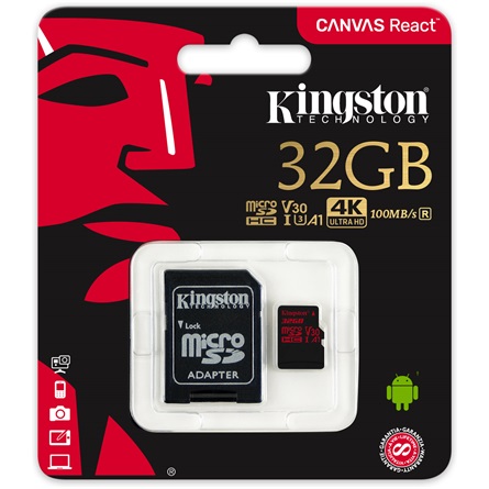 Kingston - Memria Krtya Foto - Kingston Canvas React 32Gb microSDHC Class 10 UHS-I U3 memriakrtya+adapter